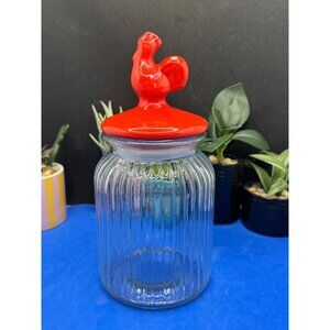 Clear Vintage Glass Canister Jar Ribbed With Porcelain Red Rooster Lid
